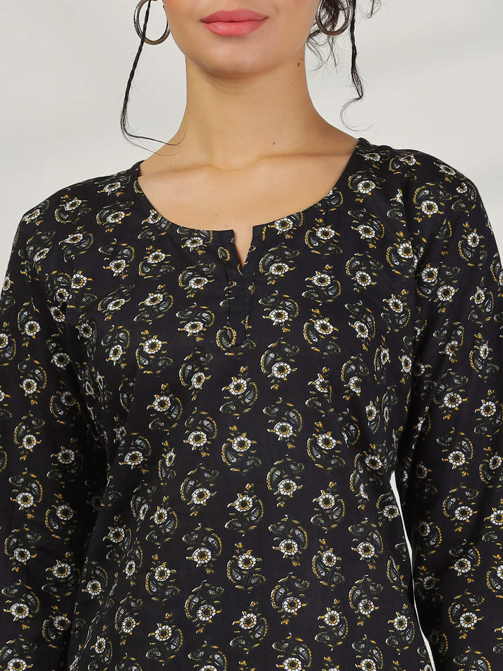 Midnight Black Floral Pure Cotton PJ Set for Women