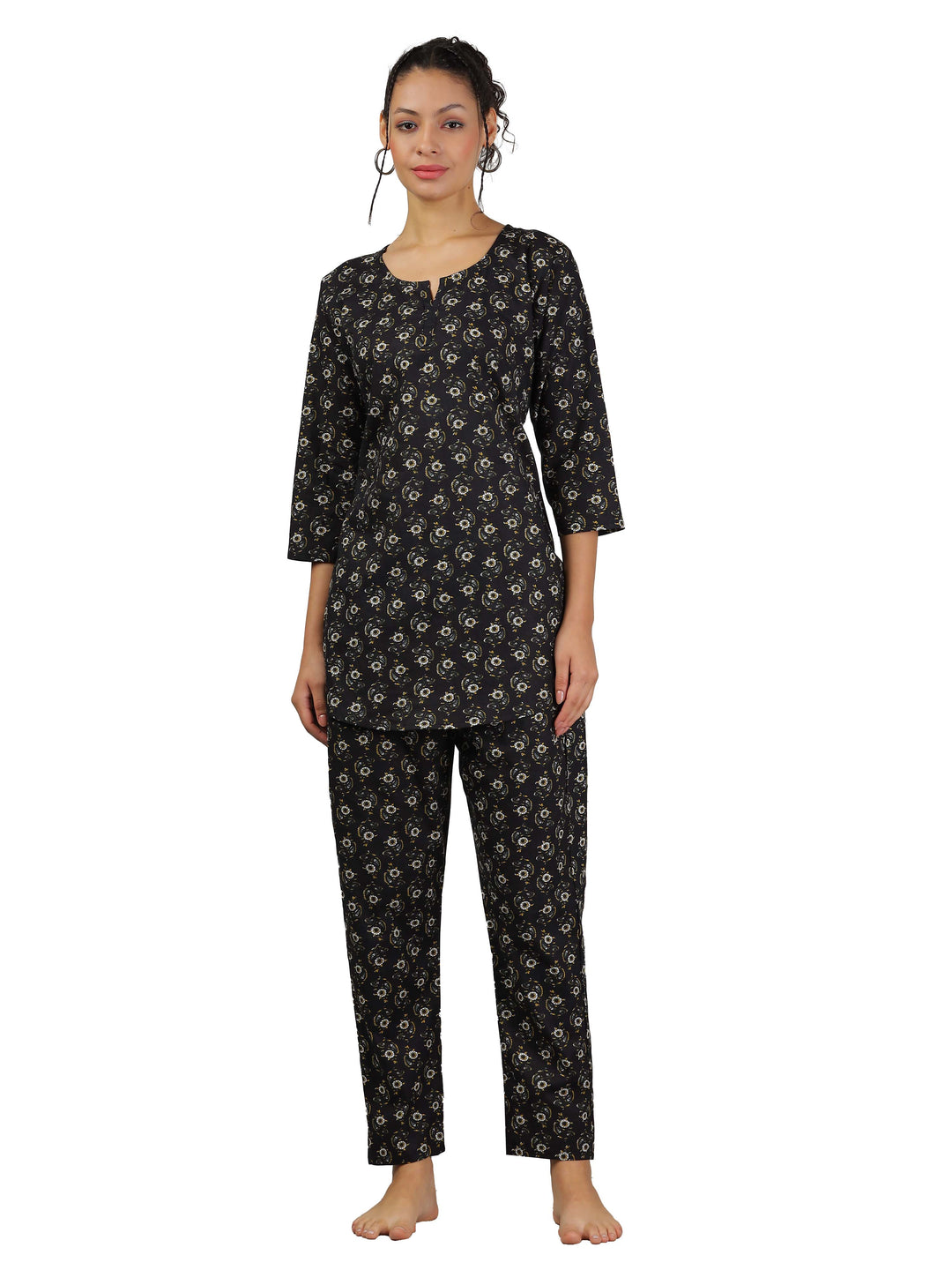 Midnight Black Floral Pure Cotton PJ Set for Women