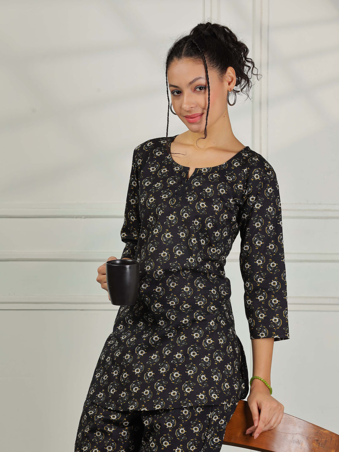 Midnight Black Floral Pure Cotton PJ Set for Women