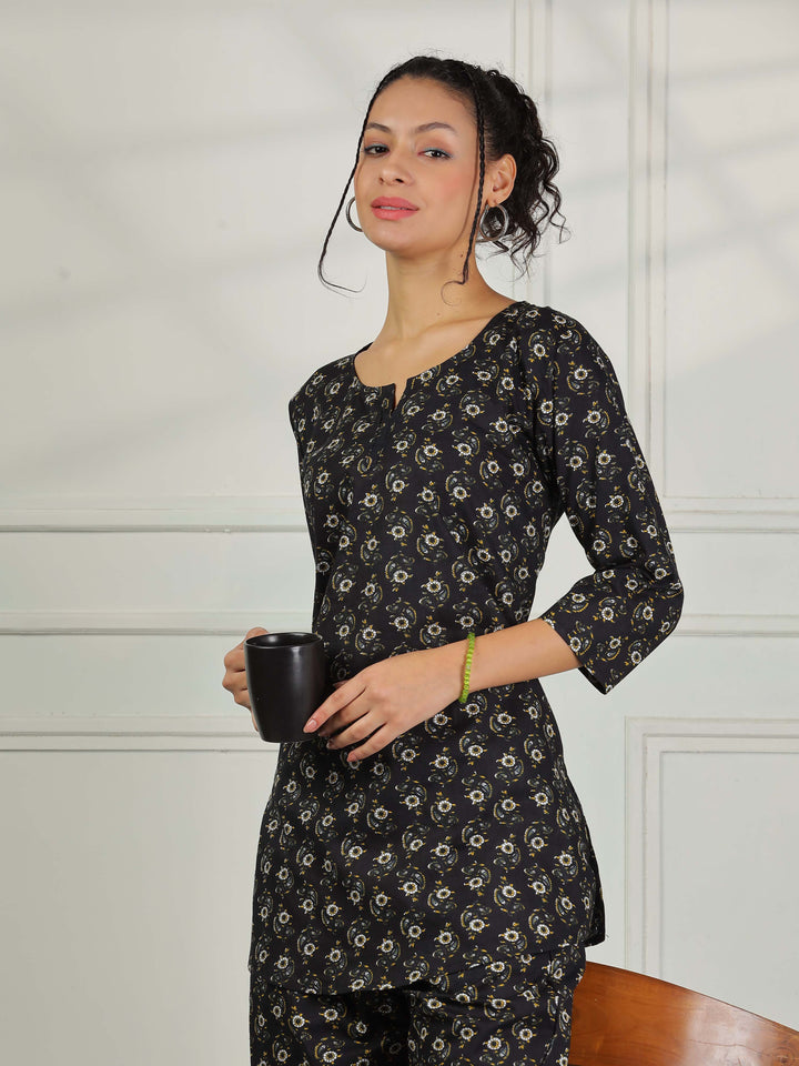 Midnight Black Floral Pure Cotton PJ Set for Women