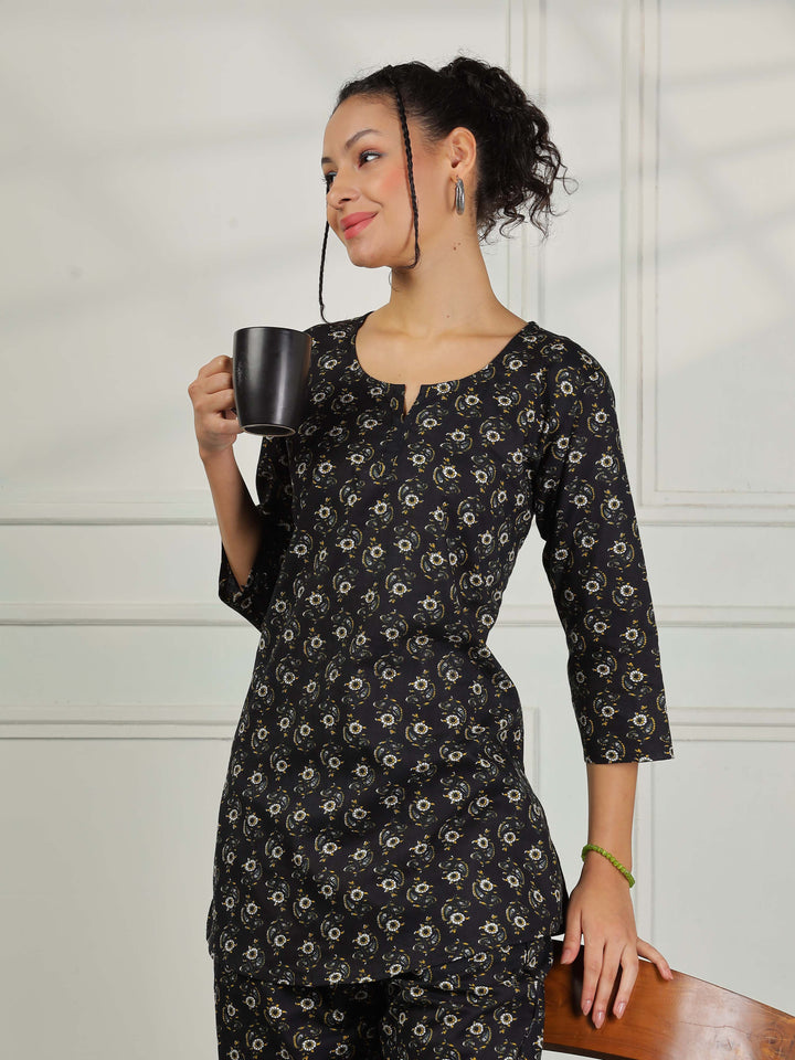 Midnight Black Floral Pure Cotton PJ Set for Women