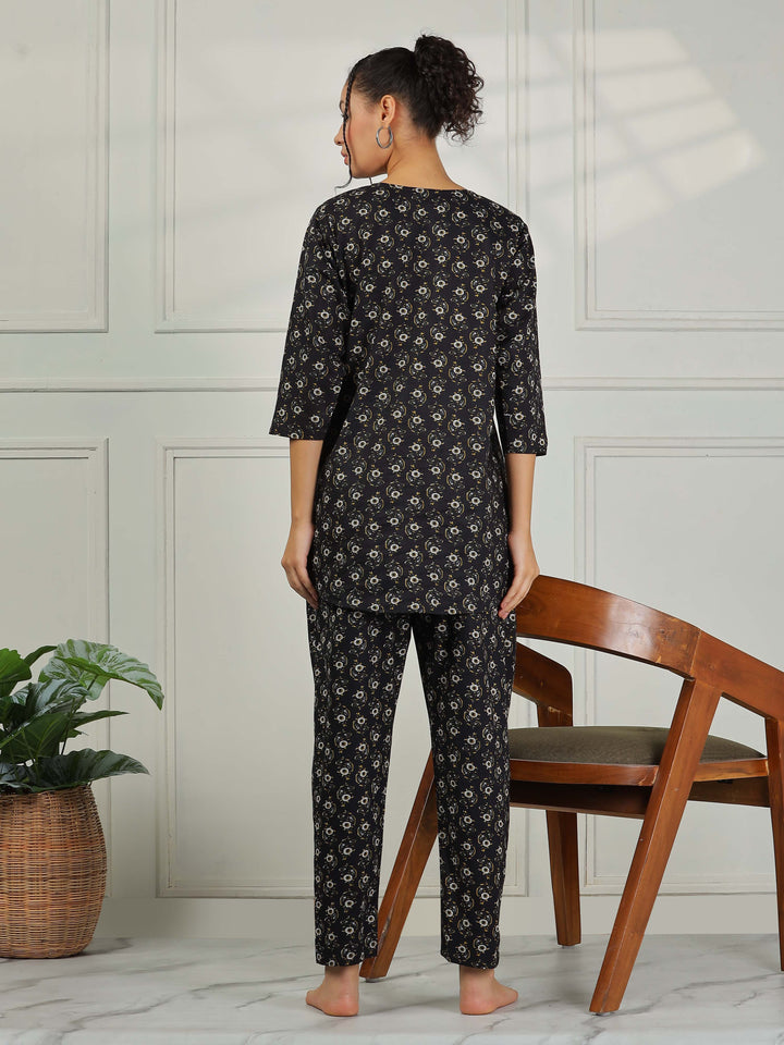 Midnight Black Floral Pure Cotton PJ Set for Women