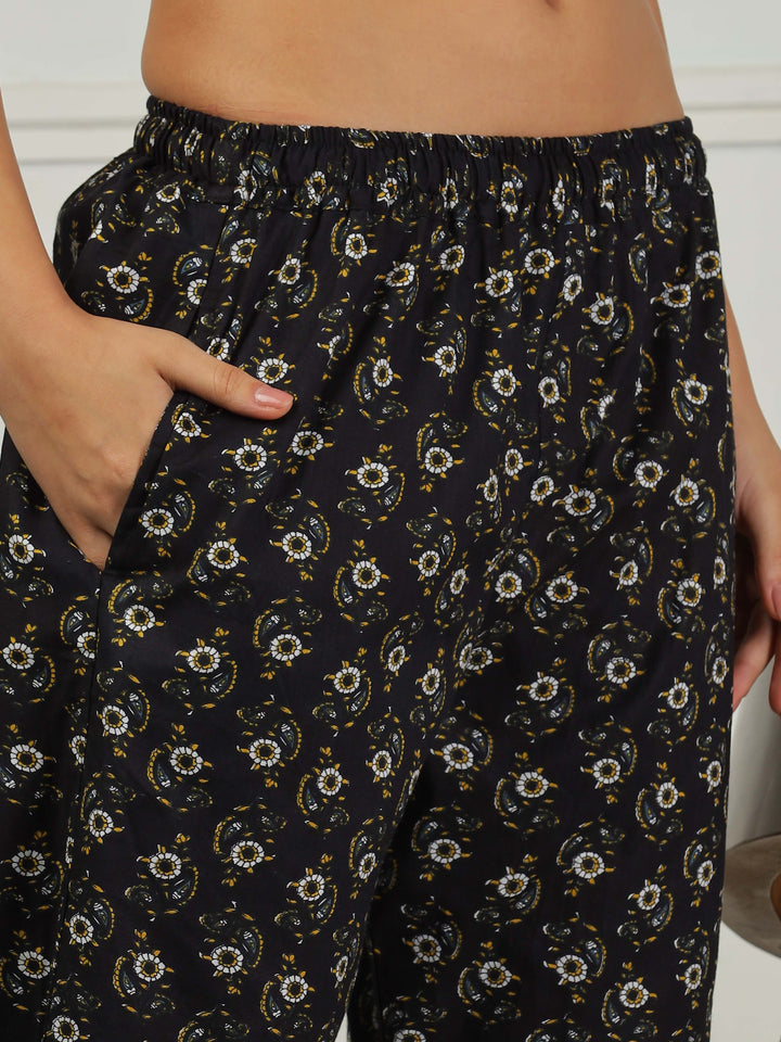 Midnight Black Floral Pure Cotton PJ Set for Women