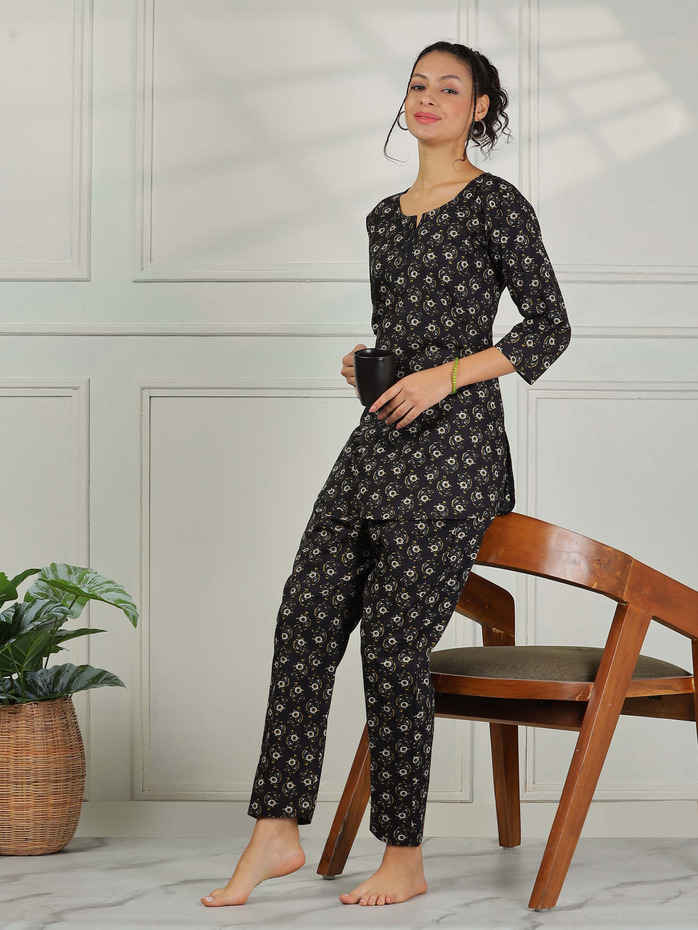 Midnight Black Floral Pure Cotton PJ Set for Women