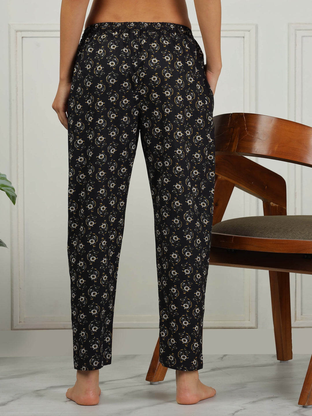 Midnight Black Floral Pure Cotton PJ Set for Women