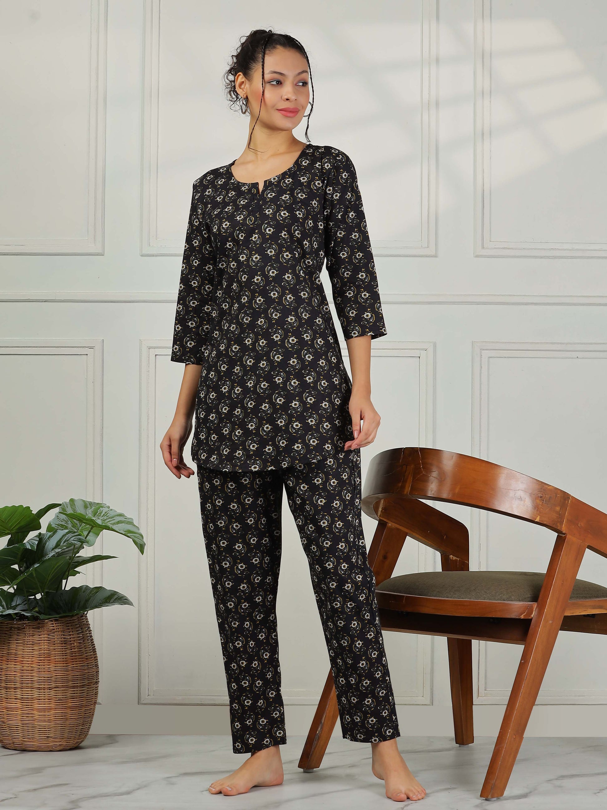 Midnight Black Floral Pure Cotton PJ Set for Women