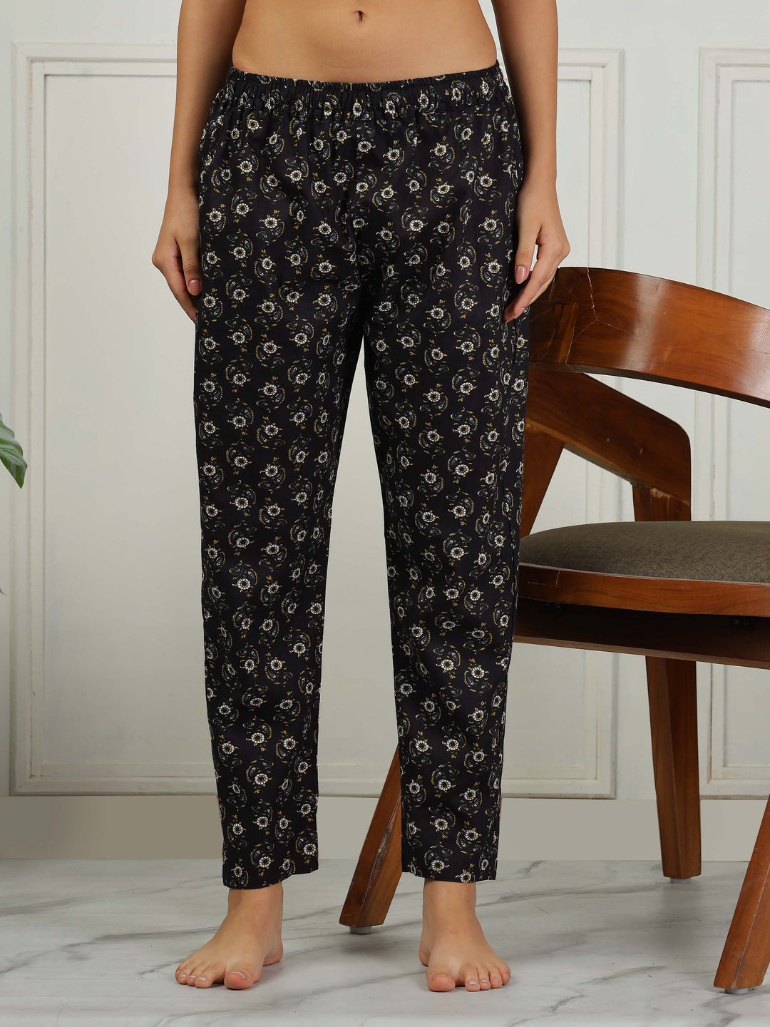 Midnight Black Floral Pure Cotton PJ Set for Women