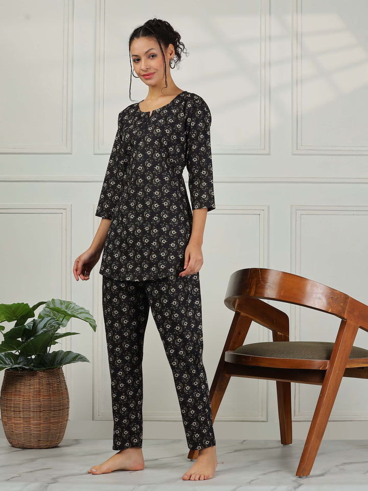 Midnight Black Floral Pure Cotton PJ Set for Women
