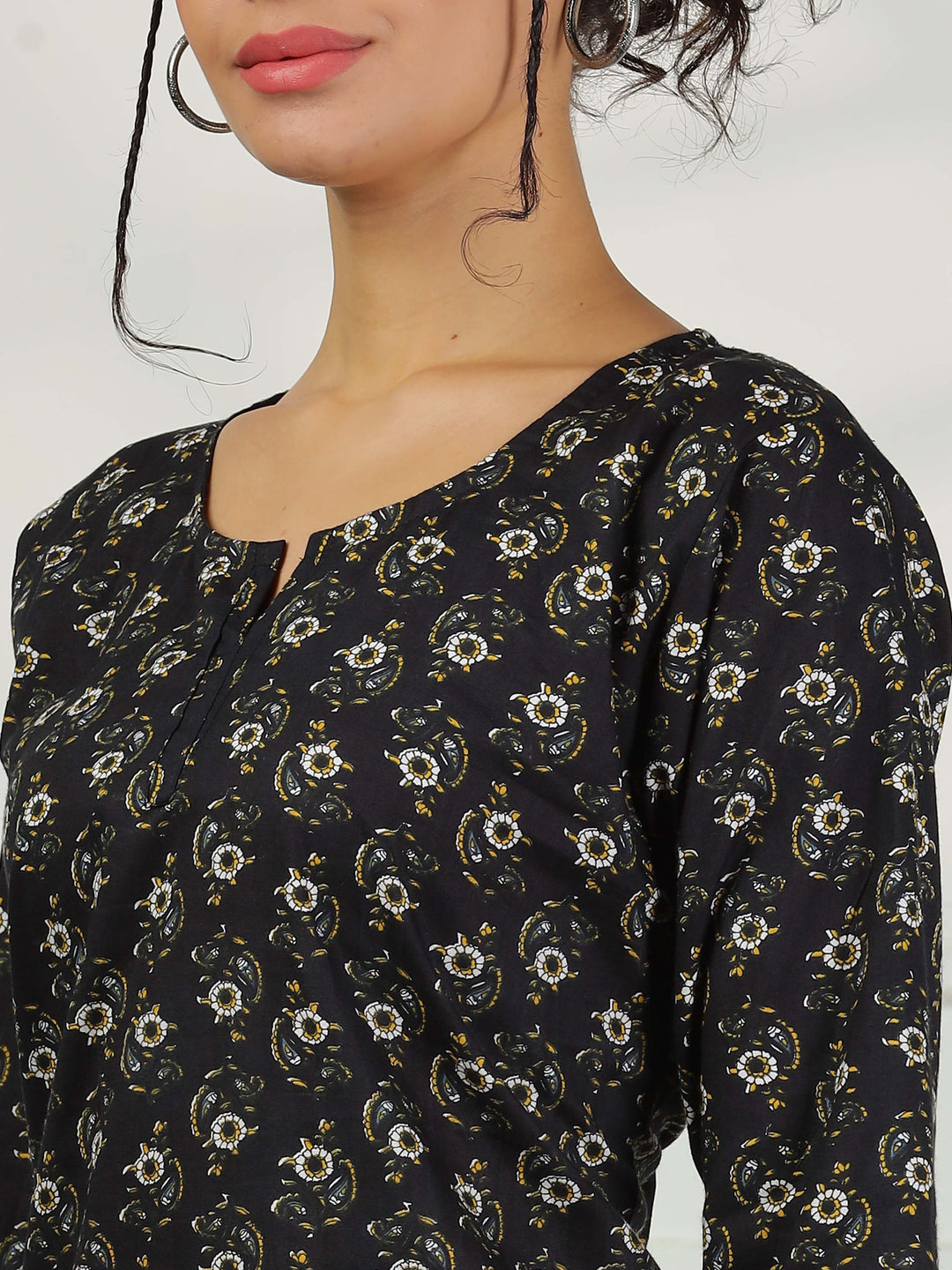 Midnight Black Floral Pure Cotton PJ Set for Women