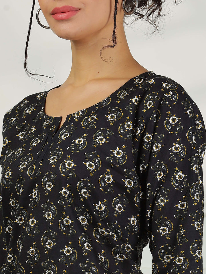 Midnight Black Floral Pure Cotton PJ Set for Women