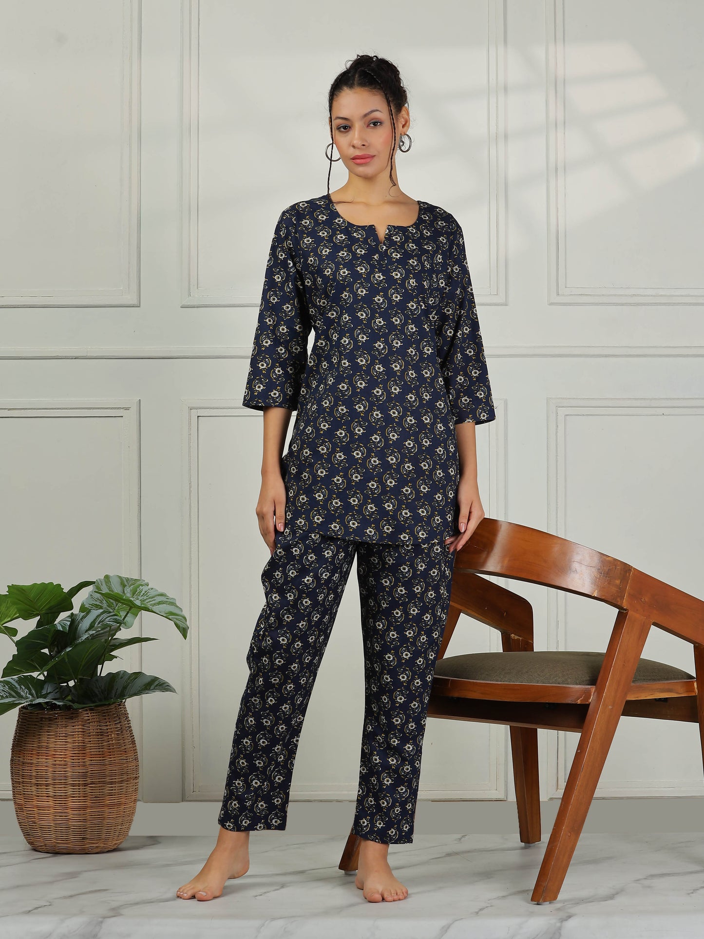Relaxed Fit Midnight Blue Cotton Pajama Set for Ladies