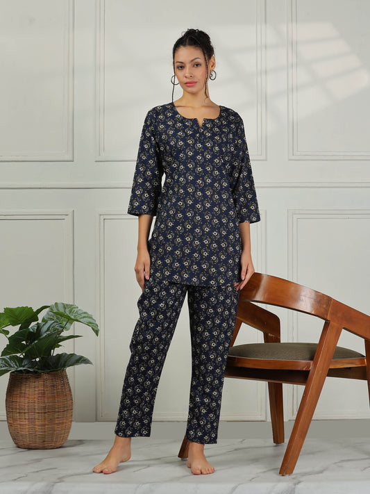 Relaxed Fit Midnight Blue Cotton Pajama Set for Ladies