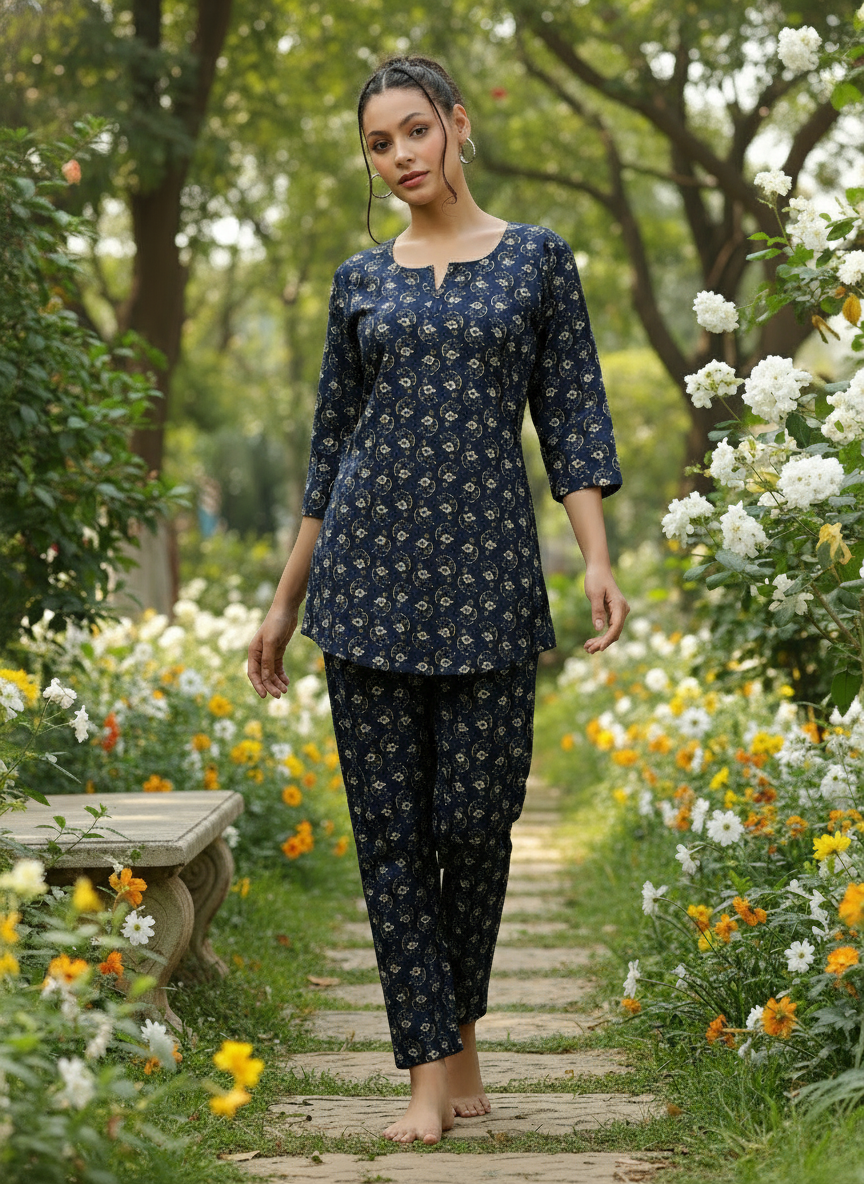 Relaxed Fit Midnight Blue Cotton Pajama Set for Ladies