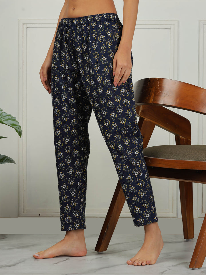 Relaxed Fit Midnight Blue Cotton Pajama Set for Ladies