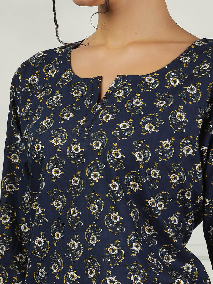 Relaxed Fit Midnight Blue Cotton Pajama Set for Ladies