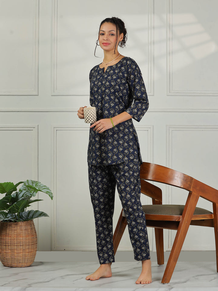 Relaxed Fit Midnight Blue Cotton Pajama Set for Ladies
