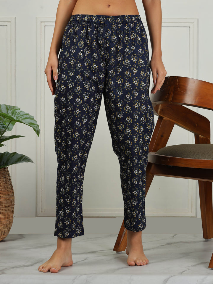 Relaxed Fit Midnight Blue Cotton Pajama Set for Ladies