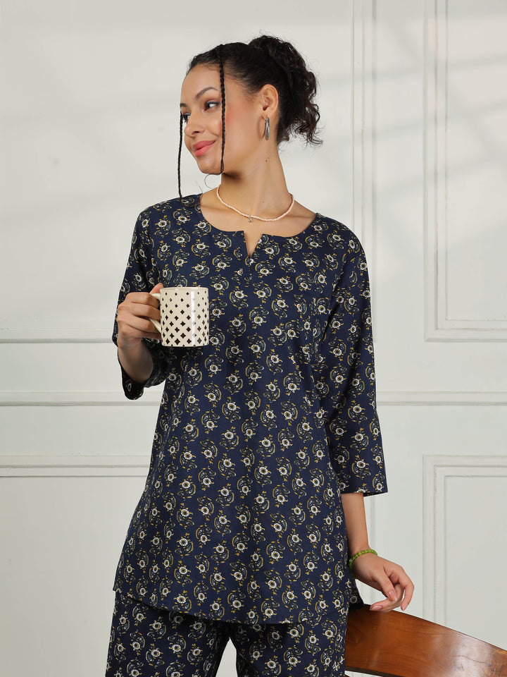 Relaxed Fit Midnight Blue Cotton Pajama Set for Ladies