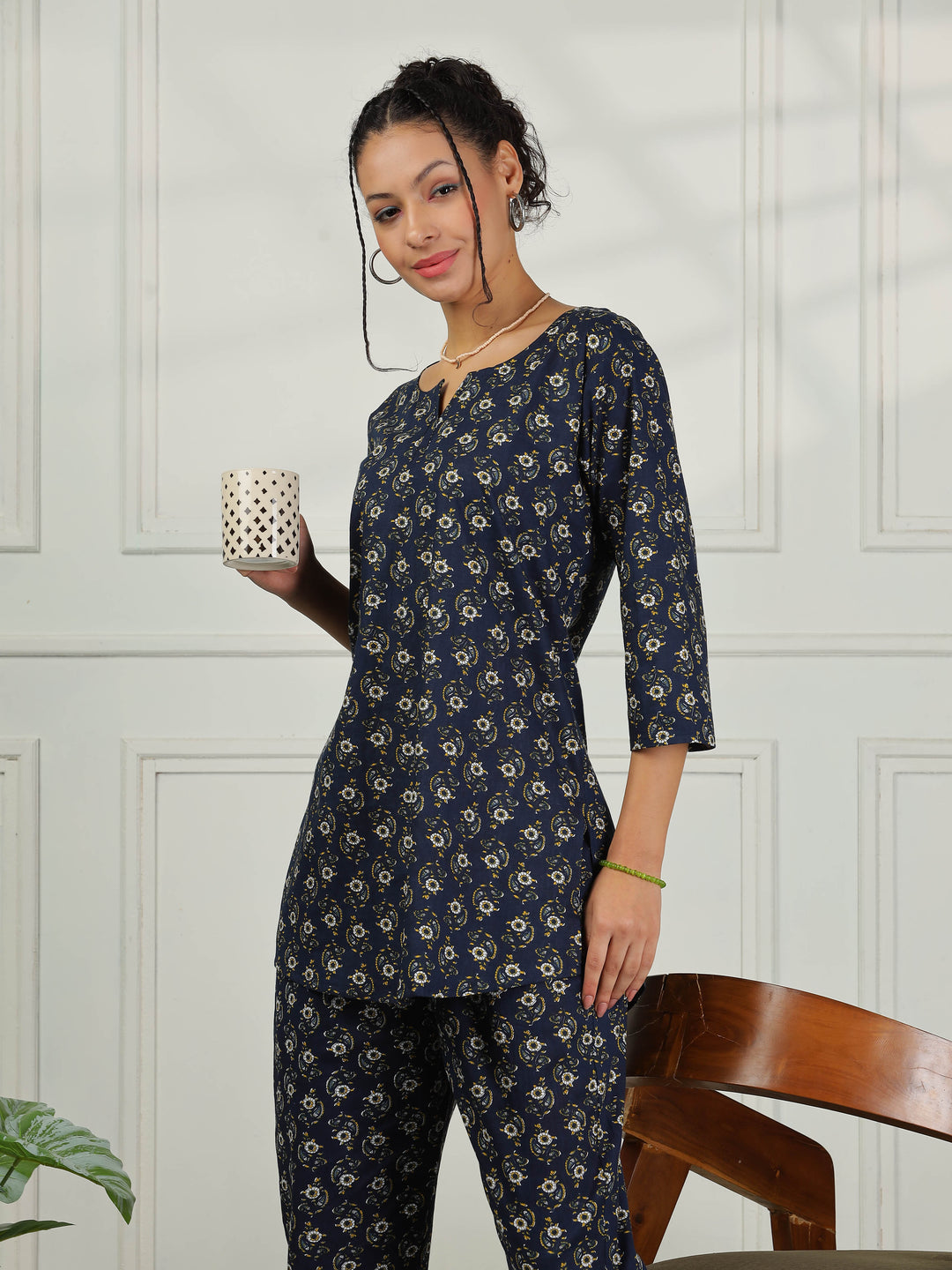 Relaxed Fit Midnight Blue Cotton Pajama Set for Ladies