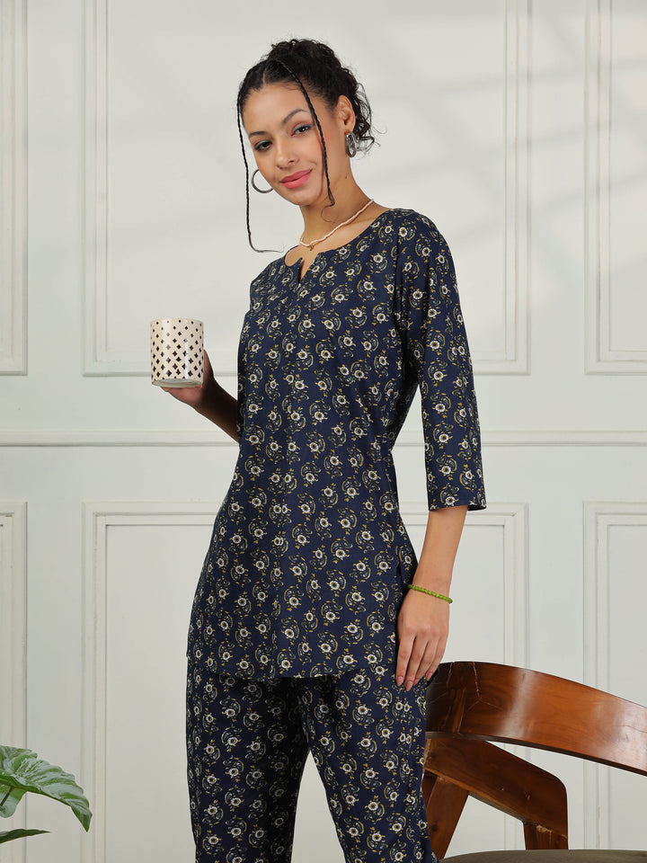 Relaxed Fit Midnight Blue Cotton Pajama Set for Ladies