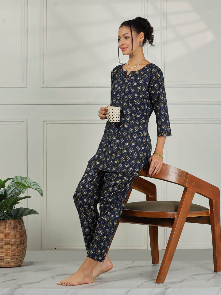 Relaxed Fit Midnight Blue Cotton Pajama Set for Ladies