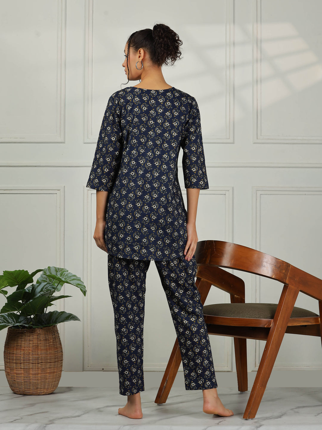 Relaxed Fit Midnight Blue Cotton Pajama Set for Ladies