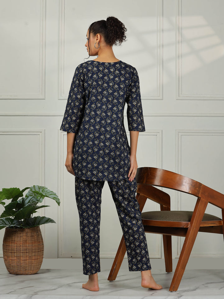 Relaxed Fit Midnight Blue Cotton Pajama Set for Ladies