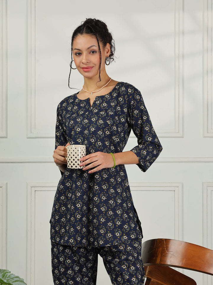 Relaxed Fit Midnight Blue Cotton Pajama Set for Ladies