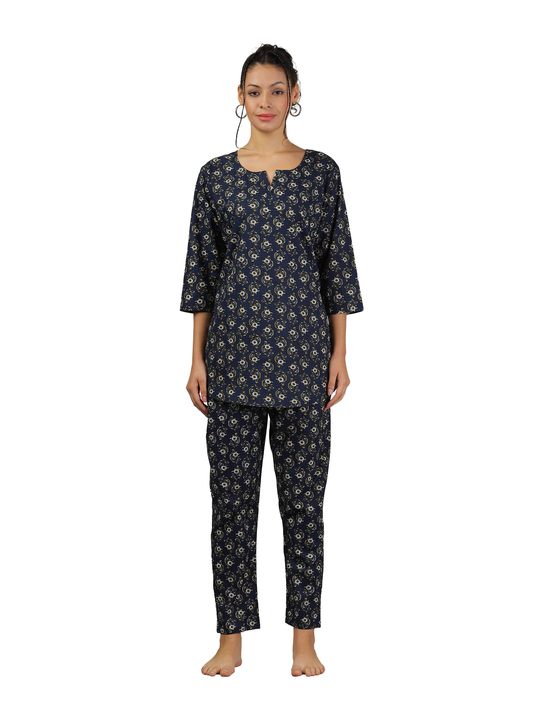 Relaxed Fit Midnight Blue Cotton Pajama Set for Ladies