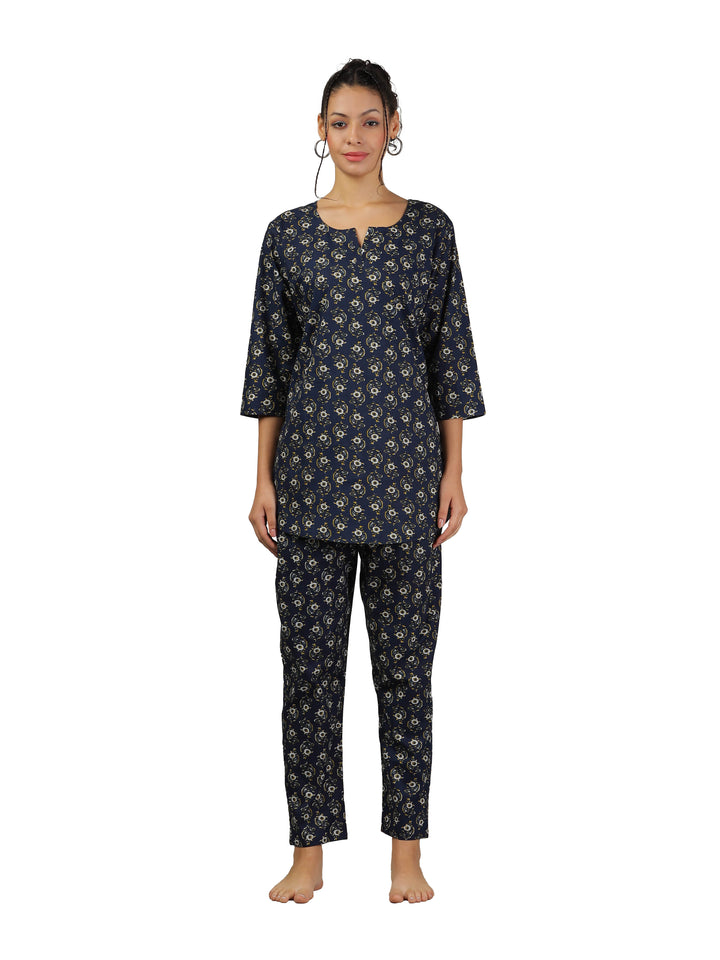 Relaxed Fit Midnight Blue Cotton Pajama Set for Ladies