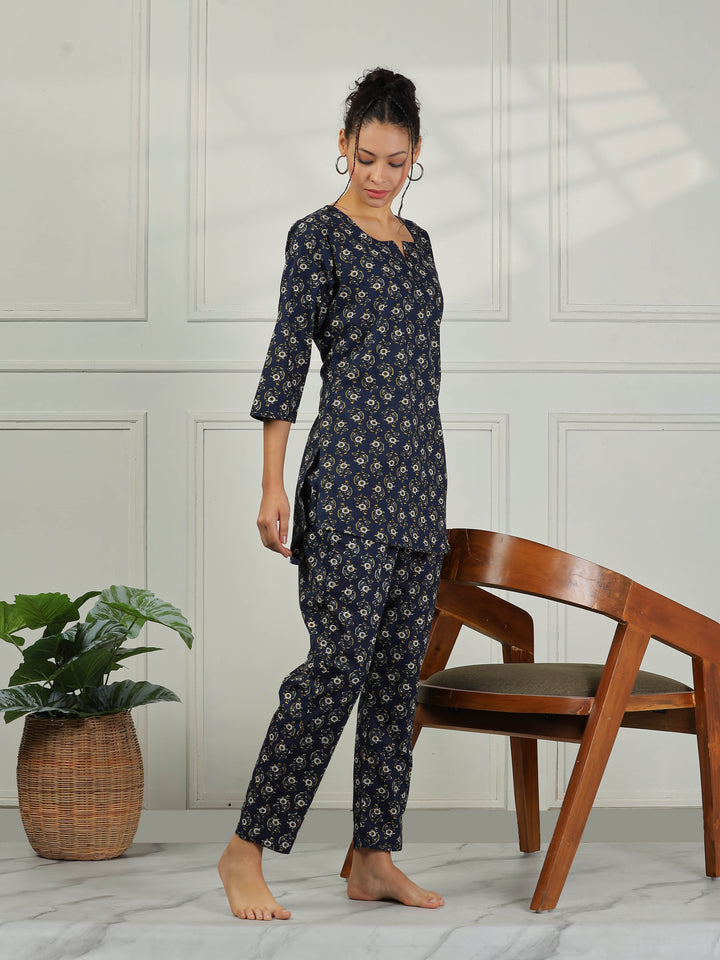 Relaxed Fit Midnight Blue Cotton Pajama Set for Ladies