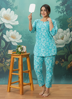 Mint Green Floral Cotton Night Suit for Women Comfortable Loungewear Set