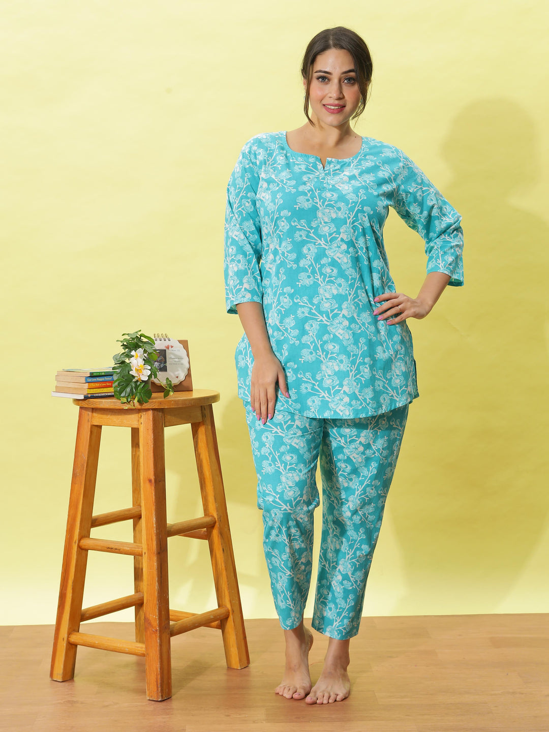 Mint Green Floral Cotton Night Suit for Women