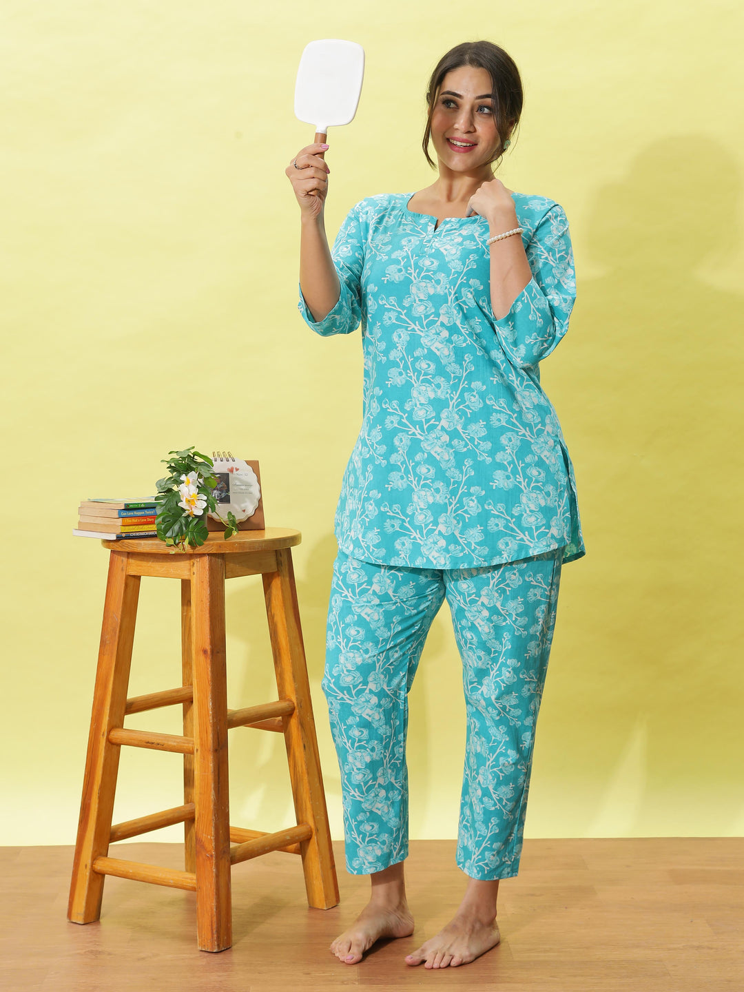 Mint Green Floral Cotton Night Suit for Women