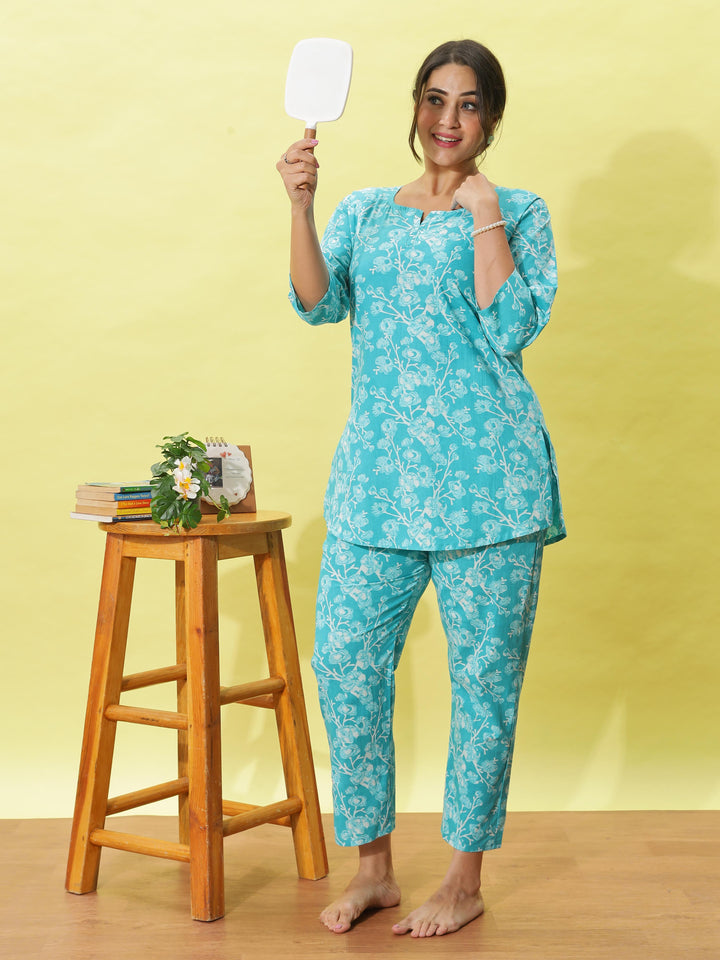 Mint Green Floral Cotton Night Suit for Women