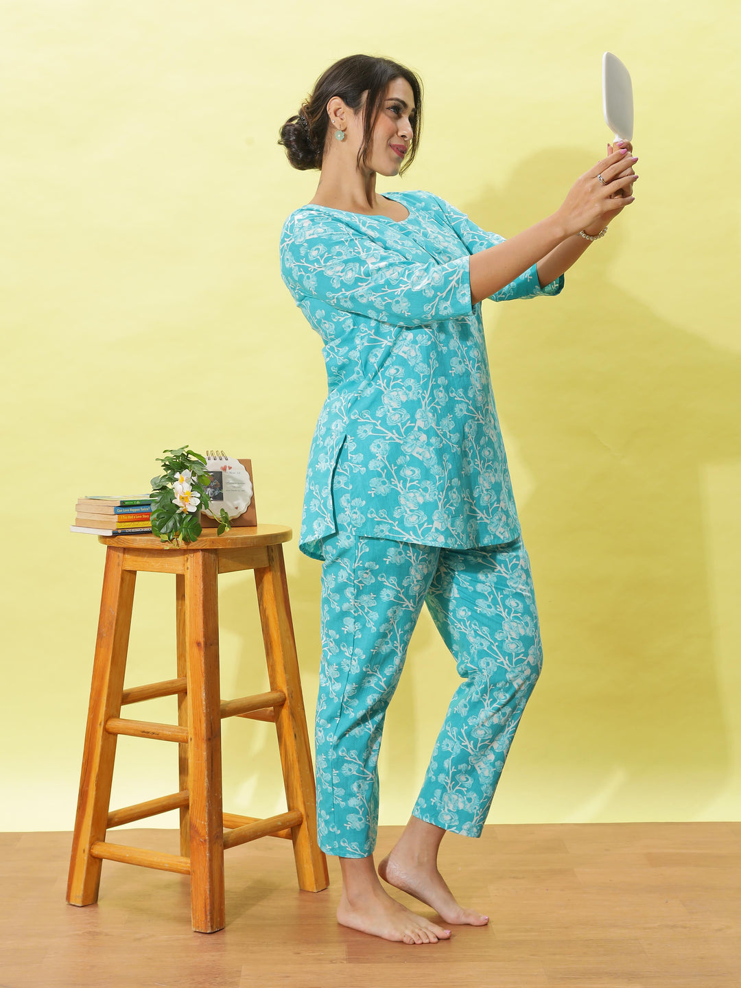 Mint Green Floral Cotton Night Suit for Women