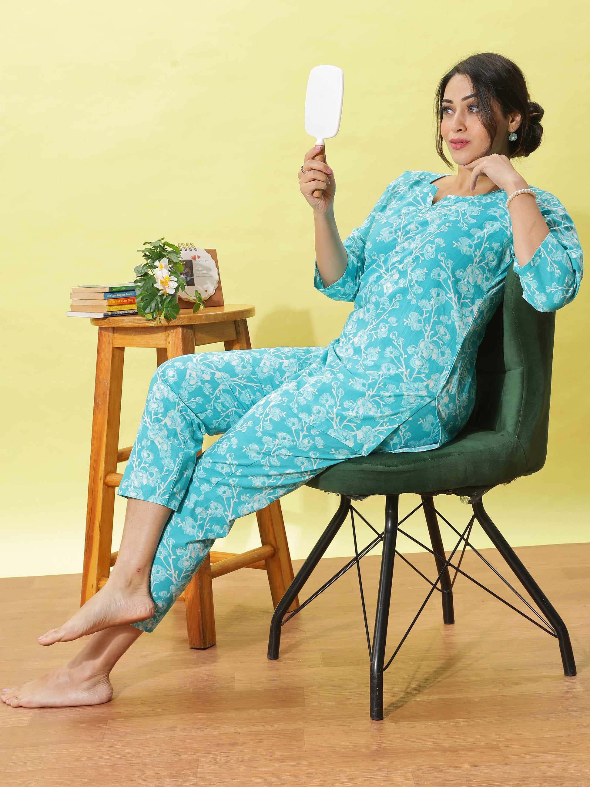 Mint Green Floral Cotton Night Suit for Women