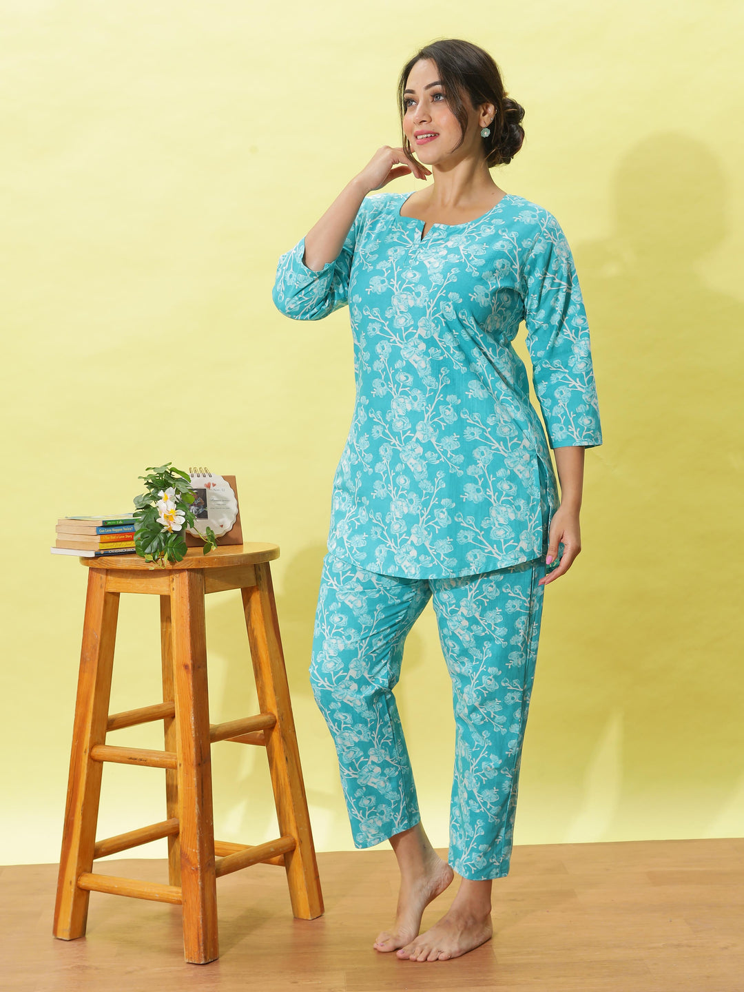 Mint Green Floral Cotton Night Suit for Women
