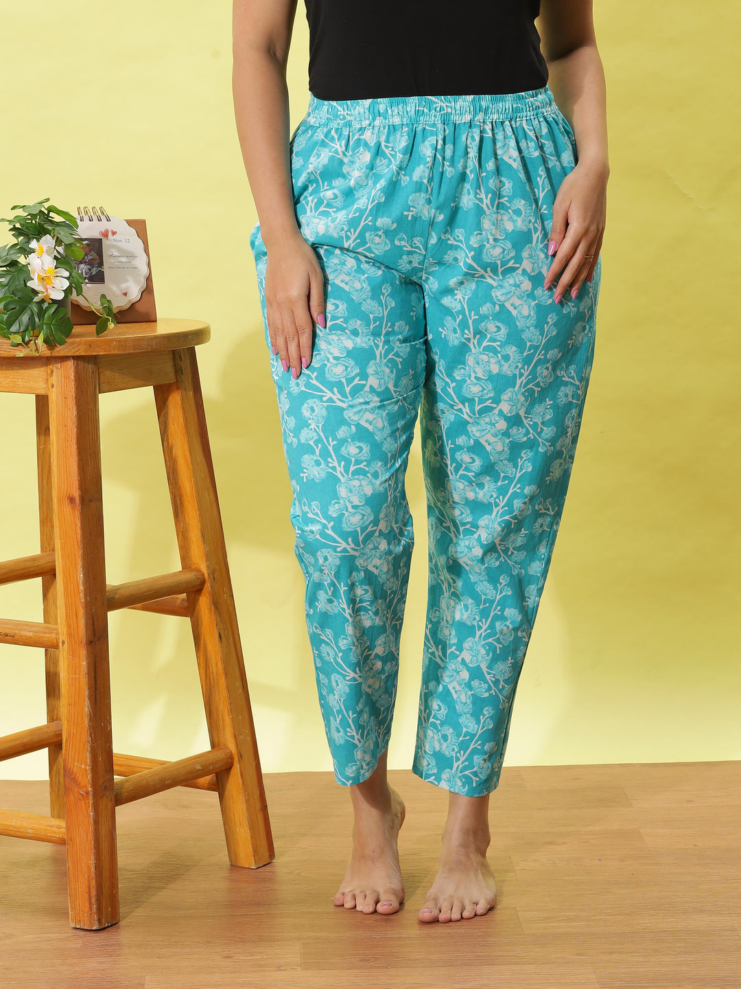 Mint Green Floral Cotton Night Suit for Women