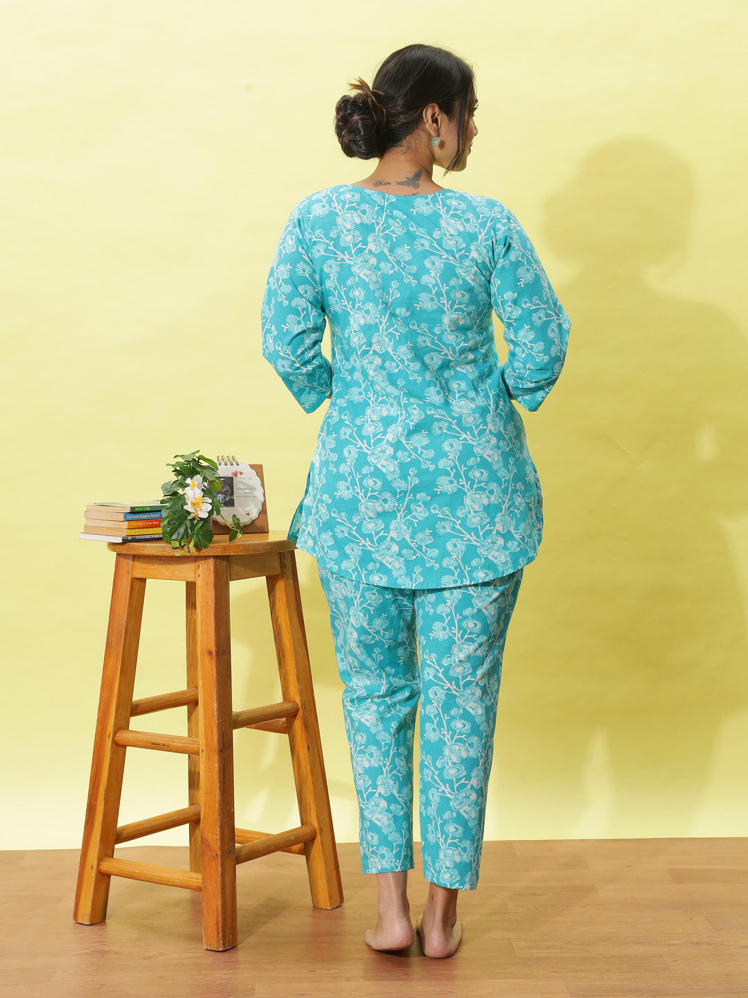 Mint Green Floral Cotton Night Suit for Women