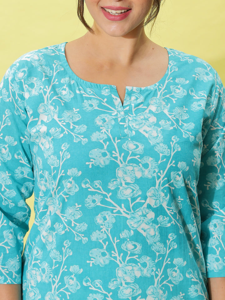 Mint Green Floral Cotton Night Suit for Women