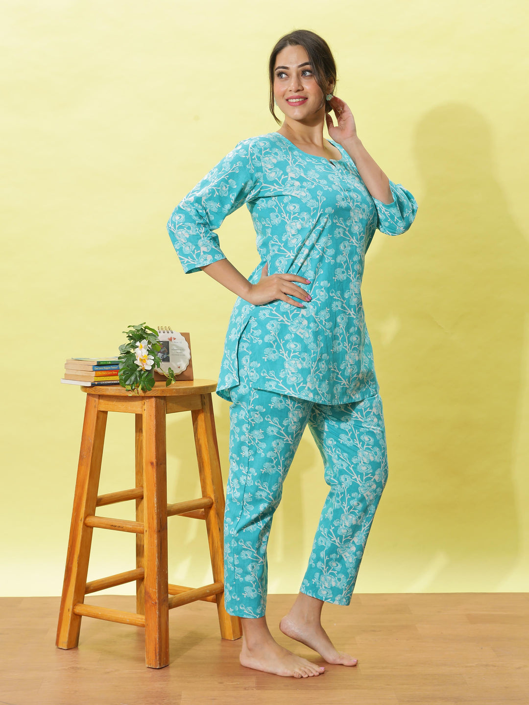 Mint Green Floral Cotton Night Suit for Women