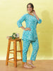 Mint Green Floral Cotton Night Suit for Women Comfortable Loungewear Set