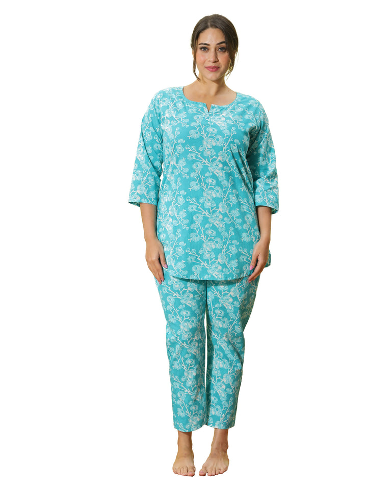 Mint Green Floral Cotton Night Suit for Women