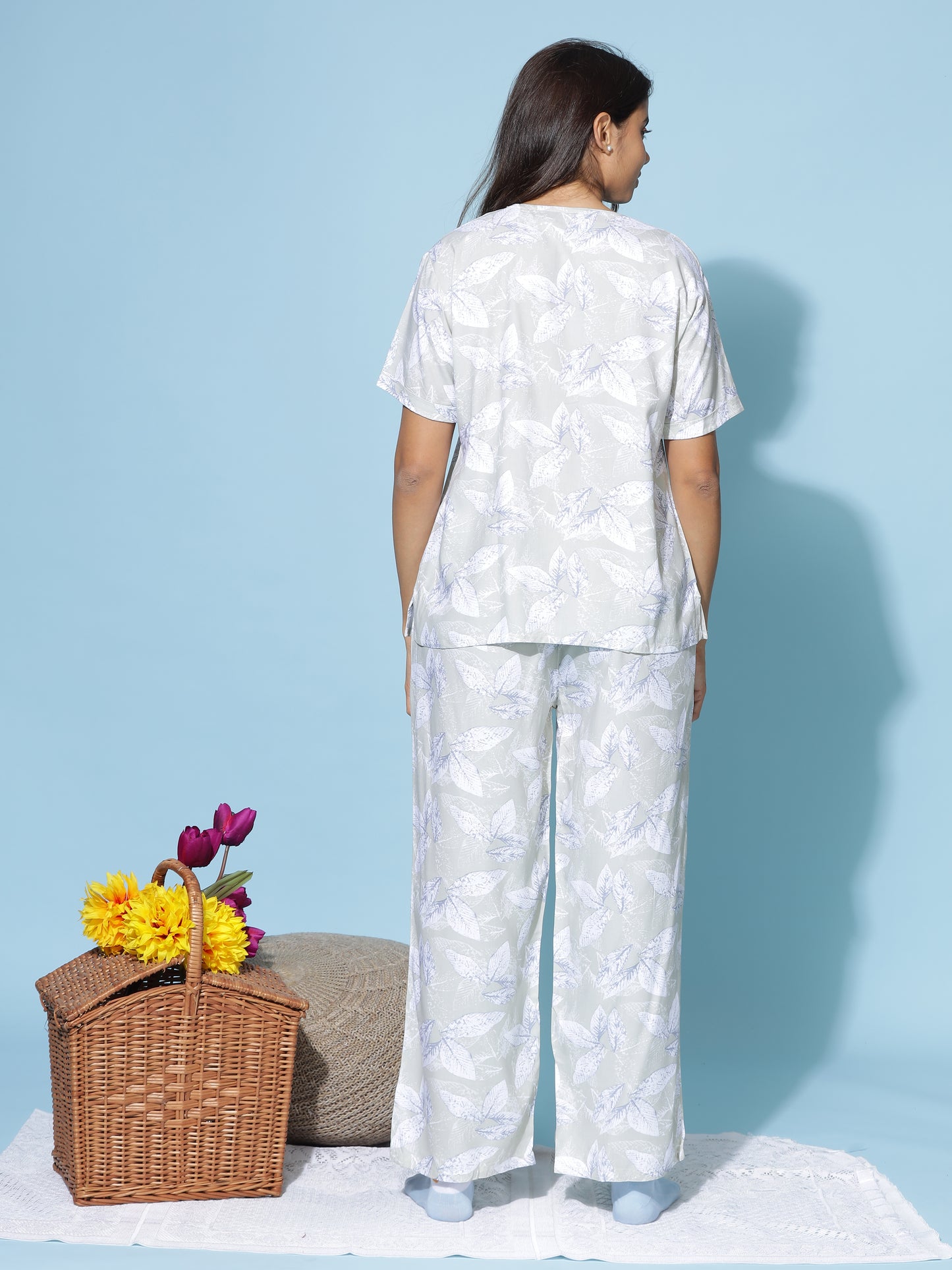 Mint Leaf Mist Rayon Branded Pajama Set for Women