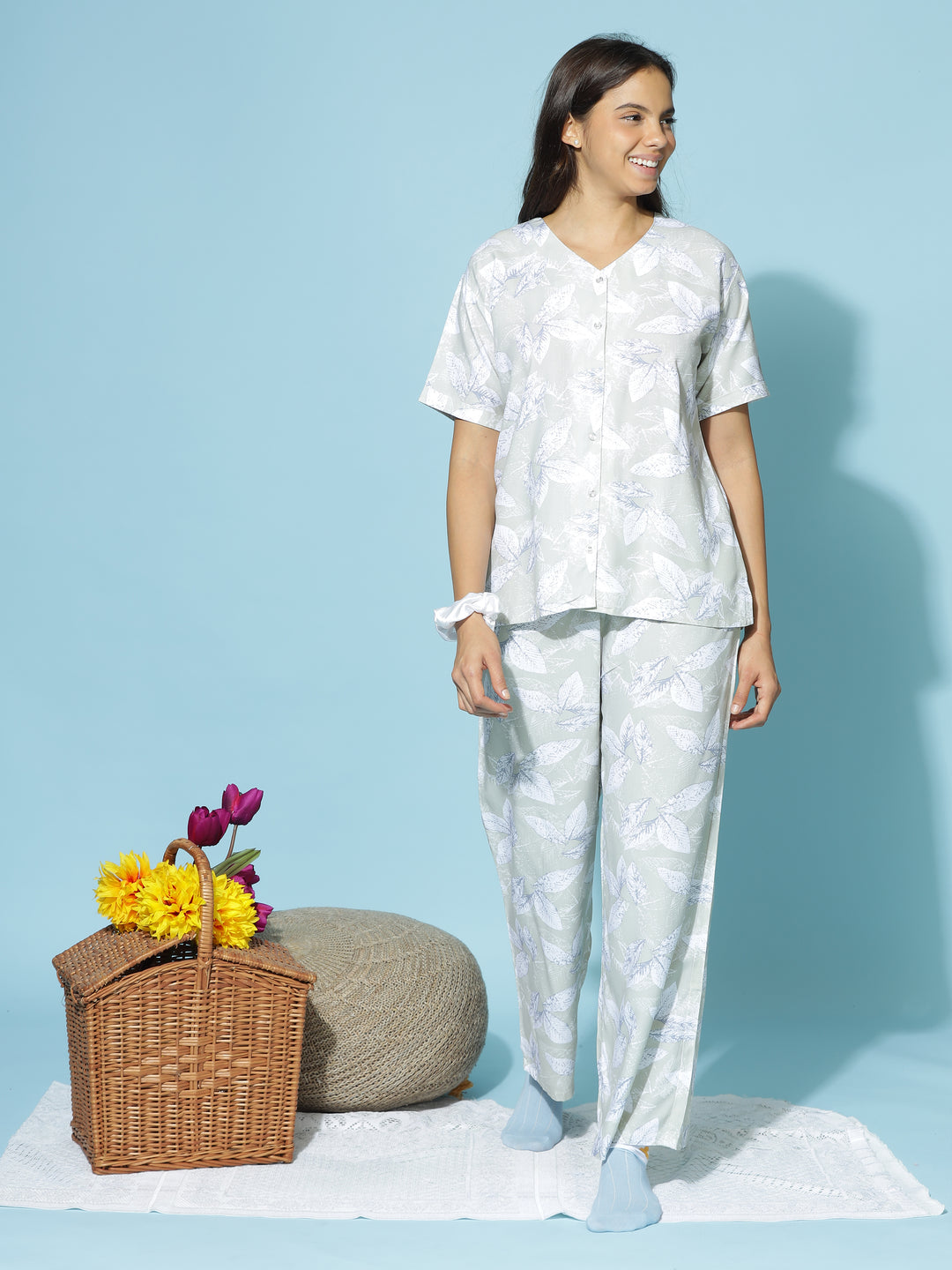 Mint Leaf Mist Rayon Branded Pajama Set for Women