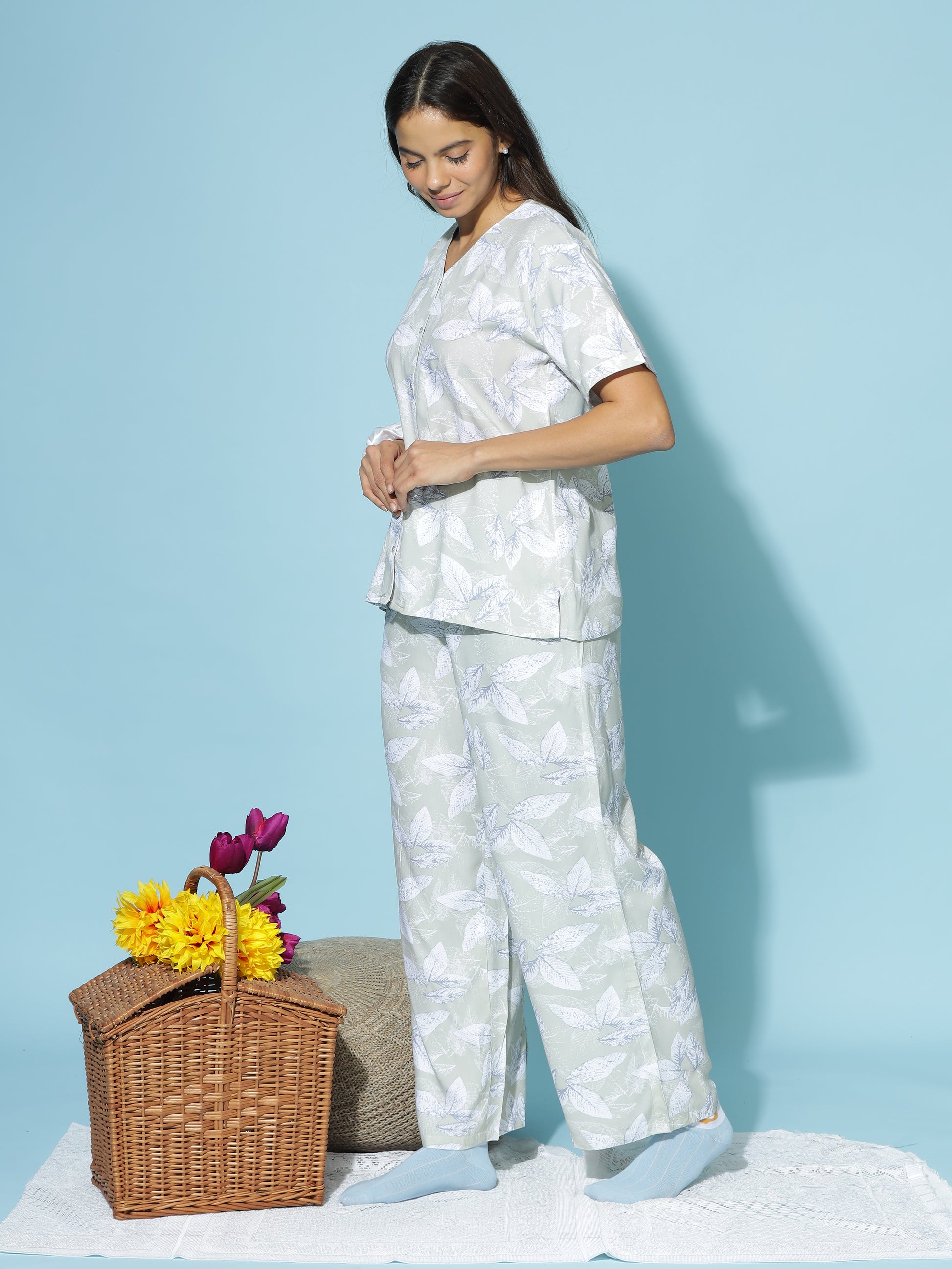 Mint Leaf Mist Rayon Branded Pajama Set for Women