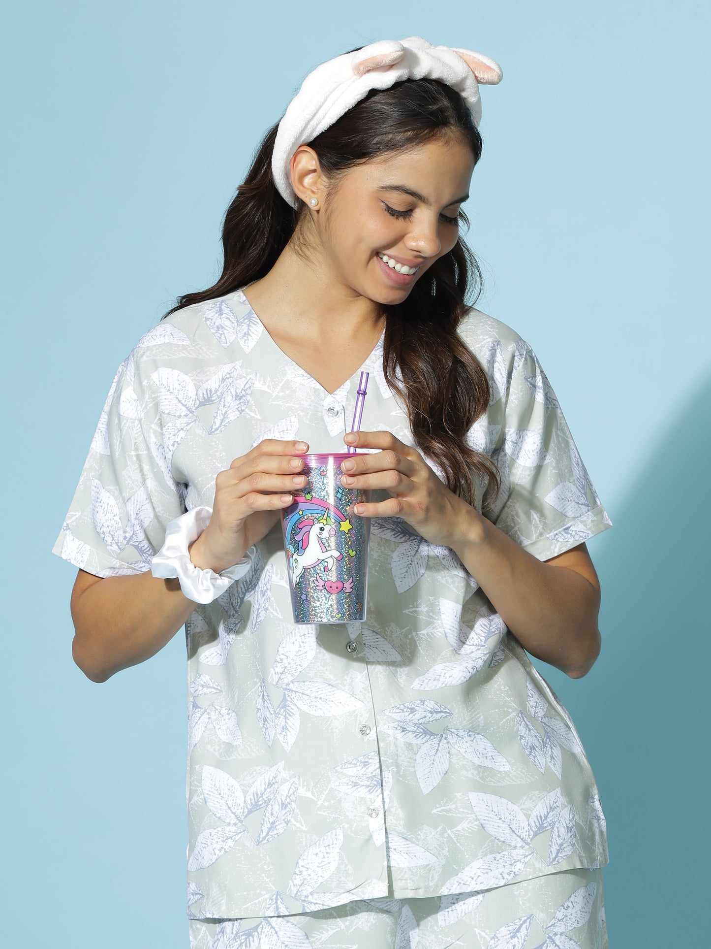 Mint Leaf Mist Rayon Branded Pajama Set for Women