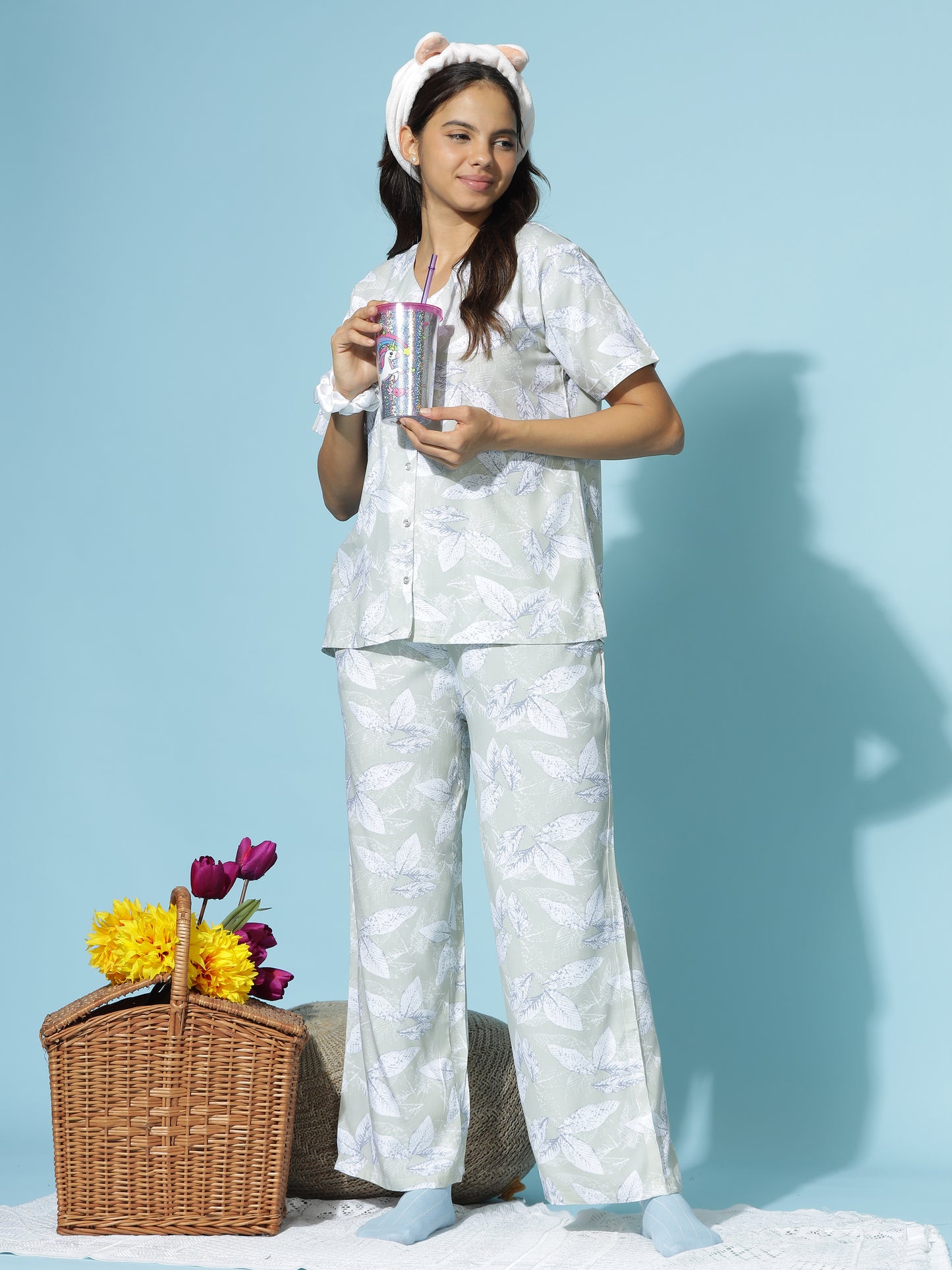 Mint Leaf Mist Rayon Branded Pajama Set for Women