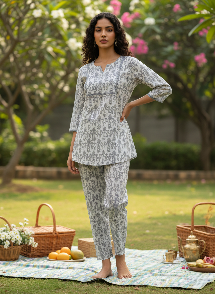 Mist Grey Cotton Coord Set for Women